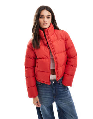 Threadbare - Kurze Pufferjacke in Rot mit Kapuze und Reißverschluss