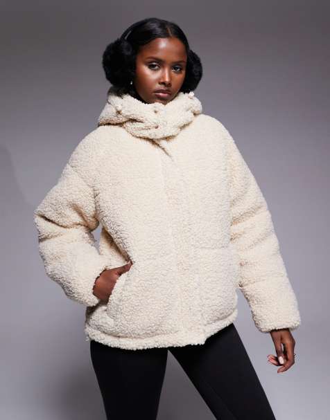 Threadbare – Kurze Ski-Steppjacke aus Teddyfell in Creme mit Kapuze - view 1