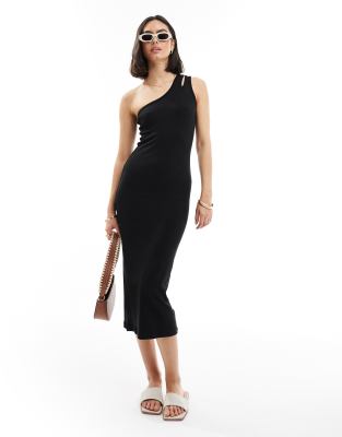 Threadbare - Kylie - Geripptes One-Shoulder-Midikleid in Schwarz mit Zierausschnitt