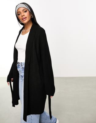 Threadbare Kylie tie front shawl collar cardigan in black