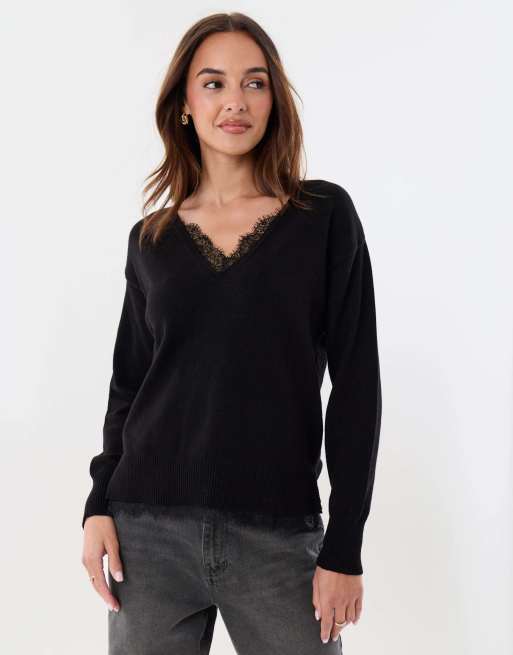 Threadbare Lace detail v neck jumper in black, 2 of 5