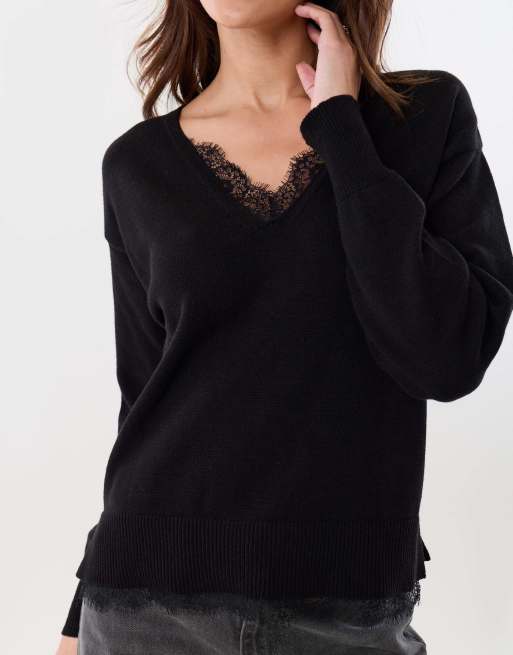 Threadbare Lace detail v neck jumper in black, 3 of 5