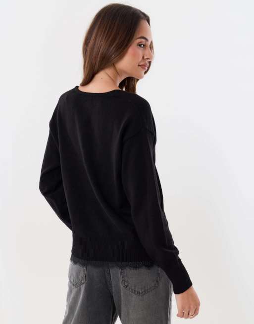 Threadbare Lace detail v neck jumper in black, 4 of 5