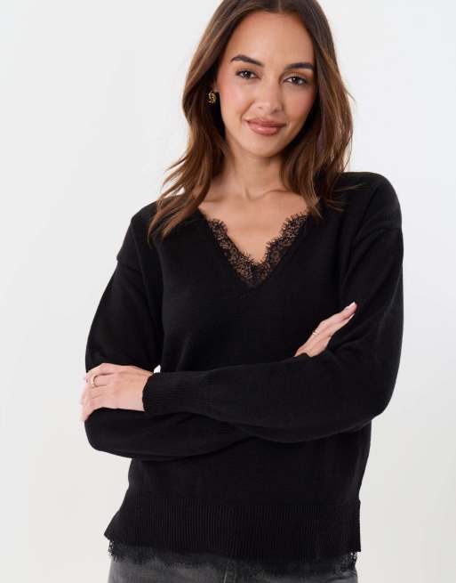 Threadbare Lace detail v neck jumper in black, 5 of 5
