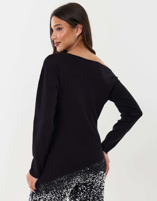 Threadbare Lace hem slash neck jumper in black, 2 of 4