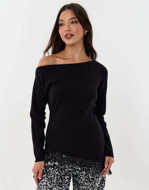 Threadbare Lace hem slash neck jumper in black, 3 of 4
