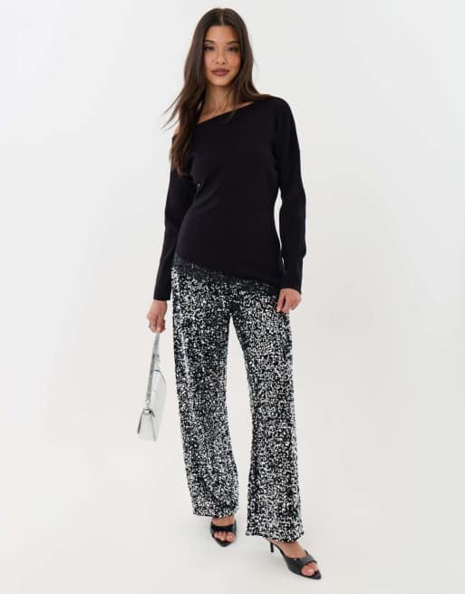 Threadbare Lace hem slash neck jumper in black, 4 of 4