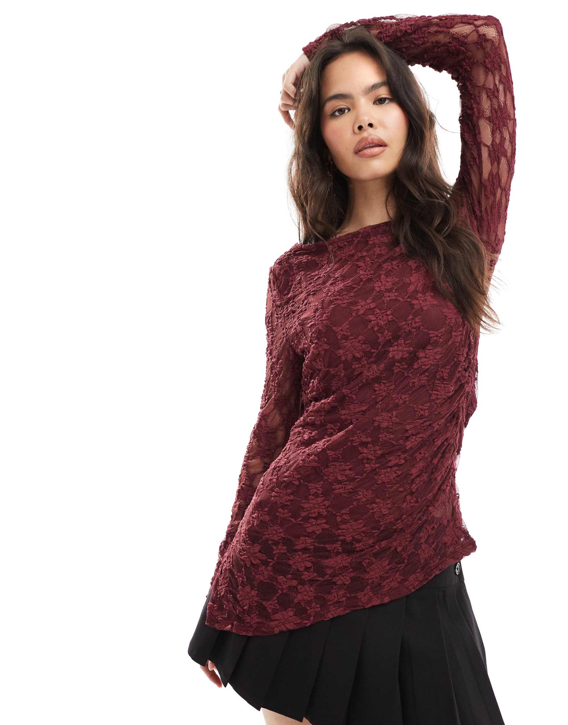 threadbare lace long sleeve top with asymmetric hem in fig