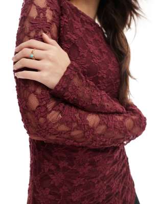 Threadbare Lace Long Sleeve Top With Asymmetric Hem In Burgundy