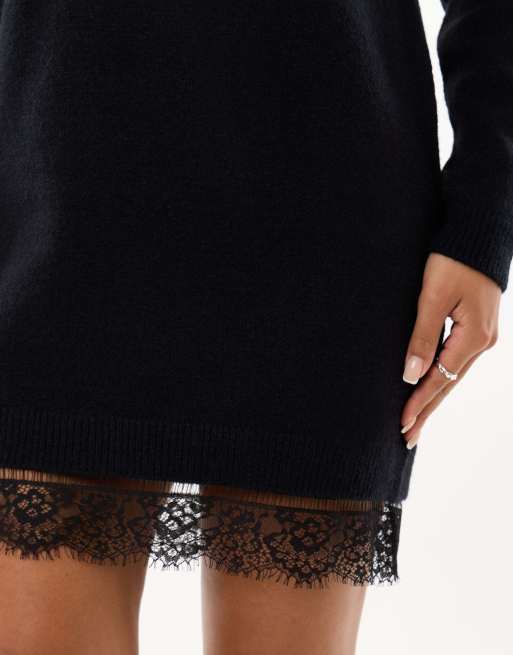 Threadbare Lace trim hem mini jumper dress in black, 3 of 4