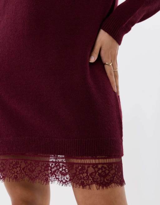 Threadbare Lace trim hem mini jumper dress in burgundy, 3 of 4