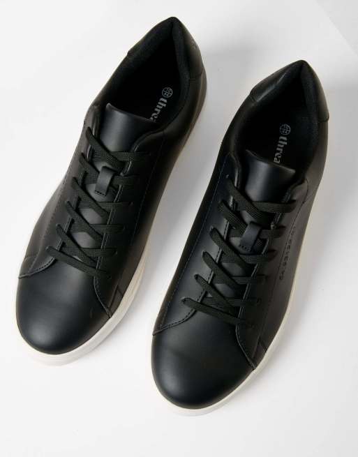 Threadbare Lace-up faux leather court trainers in black, 2 of 4