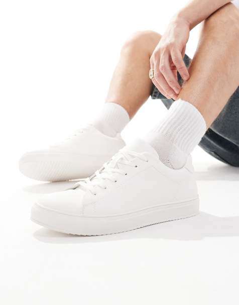 Threadbare Lace-up faux leather court trainers in white - view 1