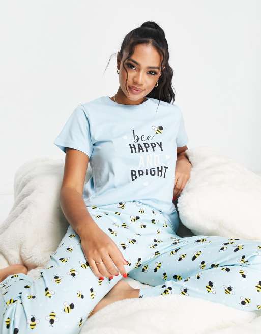 Threadbare - Lang pyjamas med 'bees'-print i lyseblå
