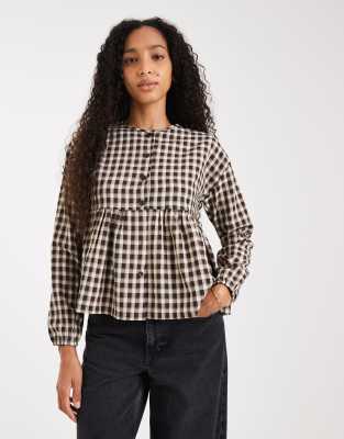 Threadbare - Langärmelige Bluse mit braunem Vichy-Karomuster, Knopfleiste und Schößchensaum-Brown