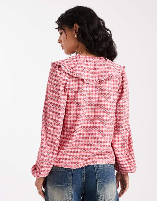 Threadbare – Langärmlige Bluse mit Vichy-Karos in Rosa und Rot und Bubikragen, 2 von 4