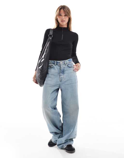 Threadbare – Langärmliger, hochgeschlossener Body in Schwarz mit halblangem Reißverschluss und Rippenstruktur