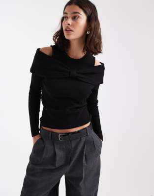 Threadbare - Langärmliger, schulterfreier Pullover in Schwarz mit Schleifendetail