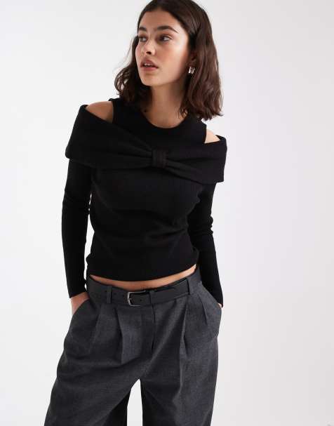 Threadbare – Langärmliger, schulterfreier Pullover in Schwarz mit Schleifendetail - view 1