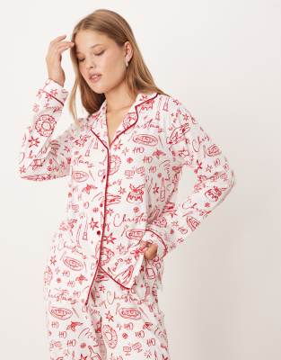 Threadbare - Langärmliger Weihnachts-Pyjama in Weiß und Rot
