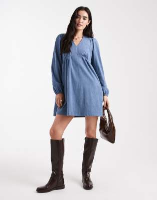 Threadbare - Langärmliges Cord-Minikleid in Blau