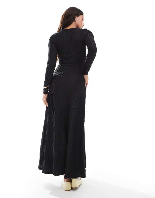 Threadbare – Langärmliges, geripptes Maxikleid in Schwarz, 2 von 4