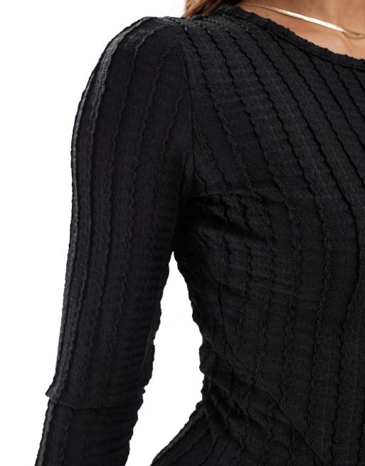 Threadbare – Langärmliges, geripptes Maxikleid in Schwarz, 3 von 4