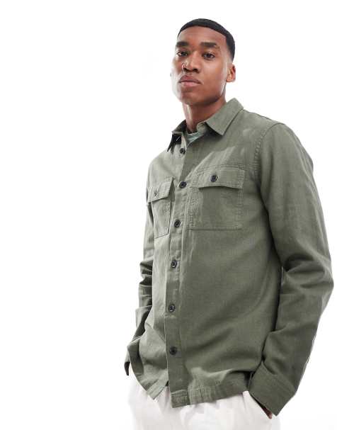 Threadbare – Langärmliges Hemd aus genopptem Leinen in Khaki mit Utility-Taschen - view 1