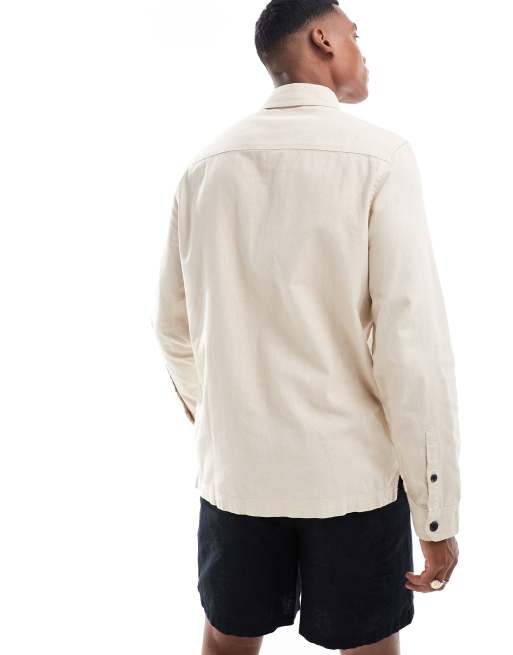 Threadbare – Langärmliges Hemd aus genopptem Leinen in Stone mit Utility-Taschen, 3 von 4