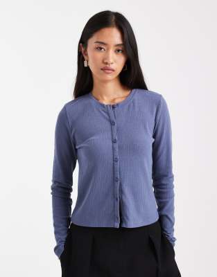 Threadbare - Langärmliges Jersey-Oberteil in Blau mit Knopfleiste