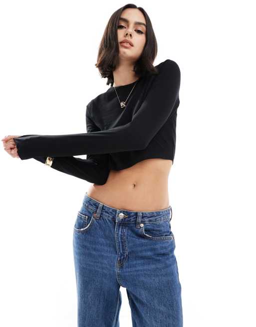 Threadbare – Langärmliges, knapp geschnittenes Shirt in Schwarz