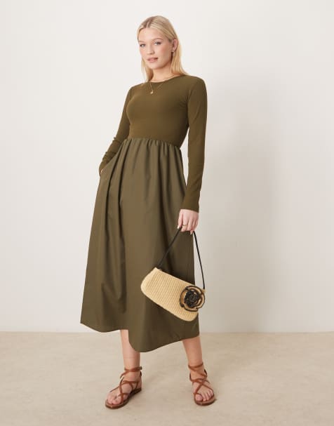 Threadbare – Langärmliges Midikleid in Khaki mit Rock aus Popeline - view 1