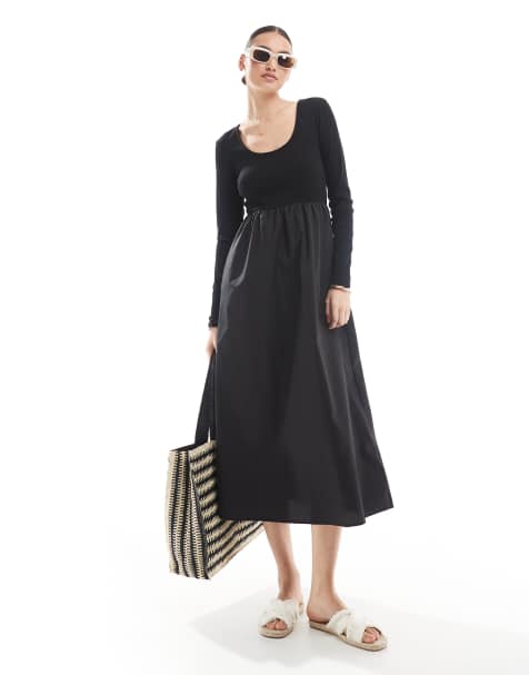 Threadbare – Langärmliges Midikleid in Schwarz aus Jersey und Popeline - view 1