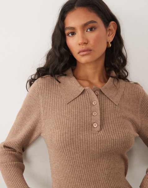 Threadbare – Langärmliges Polo-Oberteil aus Strick in Hellbeige - view 1