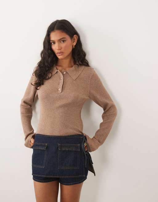 Threadbare – Langärmliges Polo-Oberteil aus Strick in Hellbeige, 2 von 4