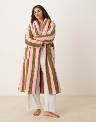 Threadbare - Langer Bademantel mit Streifen in Grün und Rosa