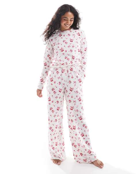 Threadbare - Langærmet og hvid pyjamastop med lyserødt sløjfeprint - view 1