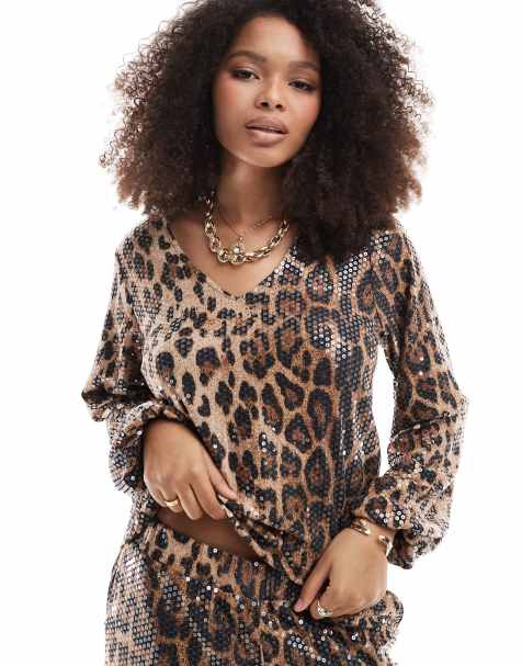 Threadbare - Langærmet top med bindebånd foran, pailletter og leopardprint - view 1