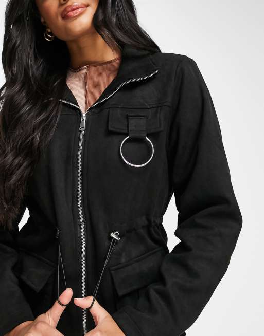 Threadbare Laurence PU jacket with ring detailing in black, 3 of 4