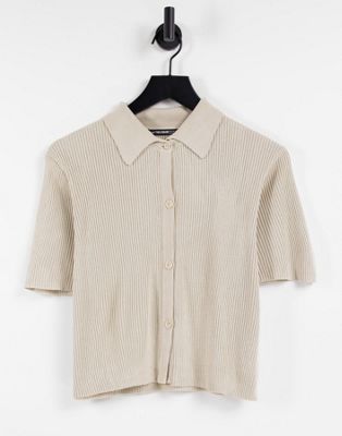 Threadbare Layla knitted short sleeve polo top in beige