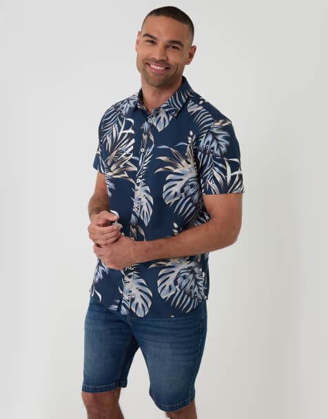 Threadbare Leaf print cotton short sleeve shirt in navy