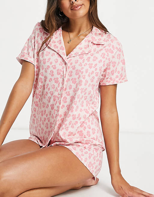 Threadbare leopard print pyjama shirt in pink