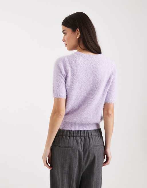 Threadbare – Liliowy kardigan z puszystej przędzy z okrągłym dekoltem i krótkimi rękawami, 2 z 4
