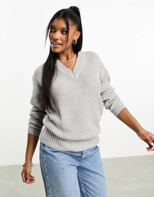 Threadbare Lillian v neck oversized jumper in grey | ASOS