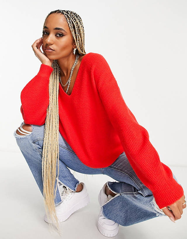 Threadbare - lily v neck slouch jumper in red