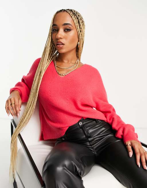 Threadbare Lily v neck slouch sweater in bright pink