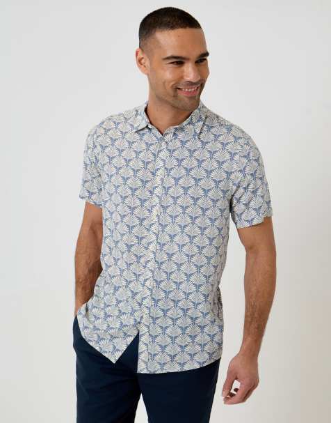 Threadbare Linear leaf print short sleeve shirt in blue - view 1