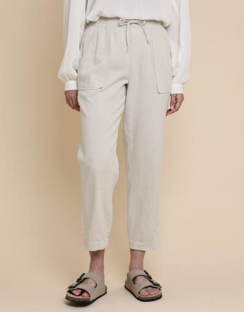 Threadbare Linen blend drawstring waist tapered trouser in stone - view 1
