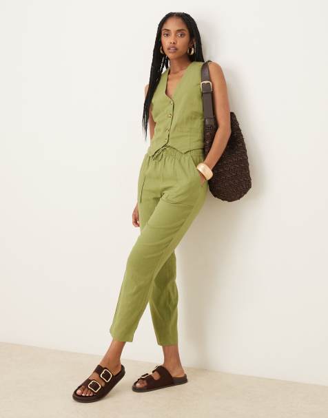 Threadbare Linen blend drawstring waist tapered trousers in olive