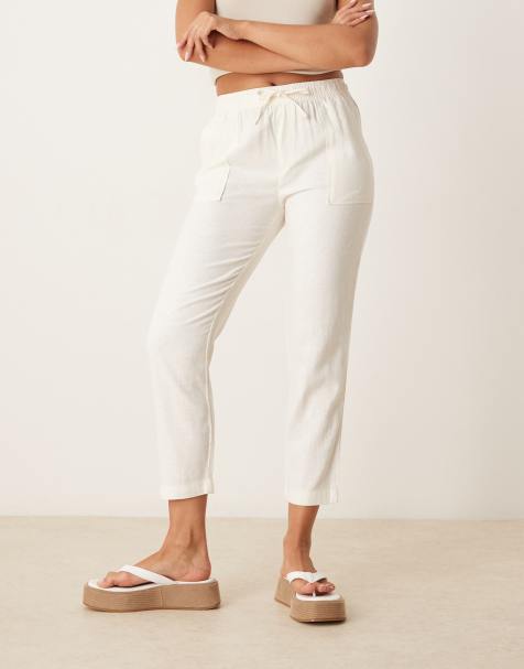 Threadbare Linen blend drawstring waist tapered trousers in white